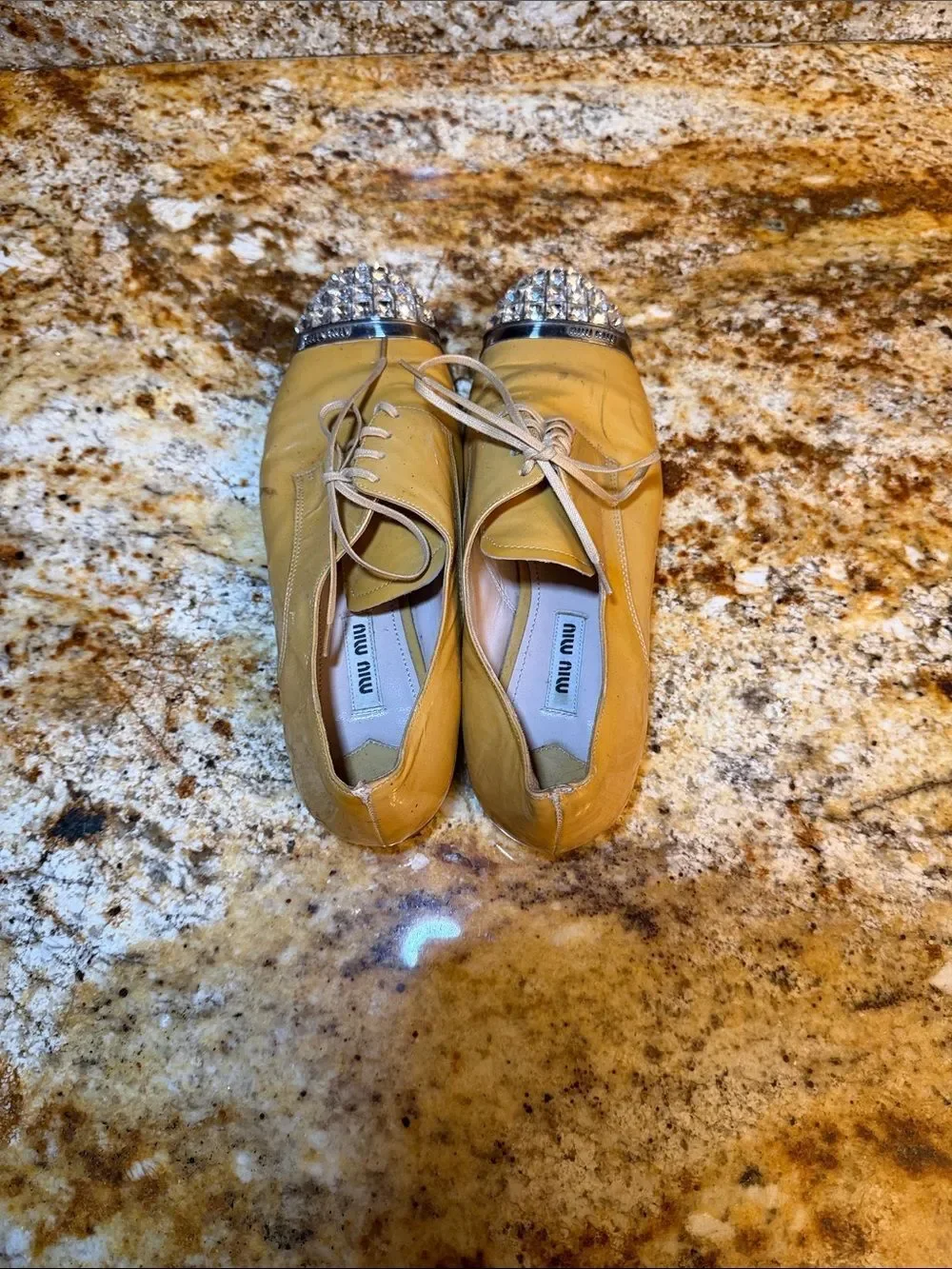 Miu Miu Yellow Girls Lace-Up Shoes with Rhinestone Cap Toes